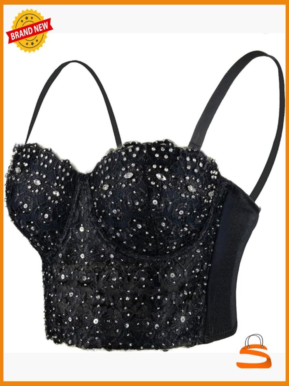 Lace Rhinestone Bustier Crop Top Mesh Corset Bra Adjustable Straps Push Up